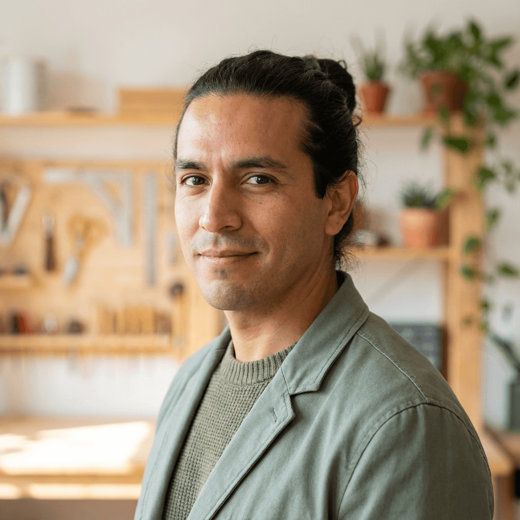 Man in his mid 30s sitting at a kitchen table with a notebook