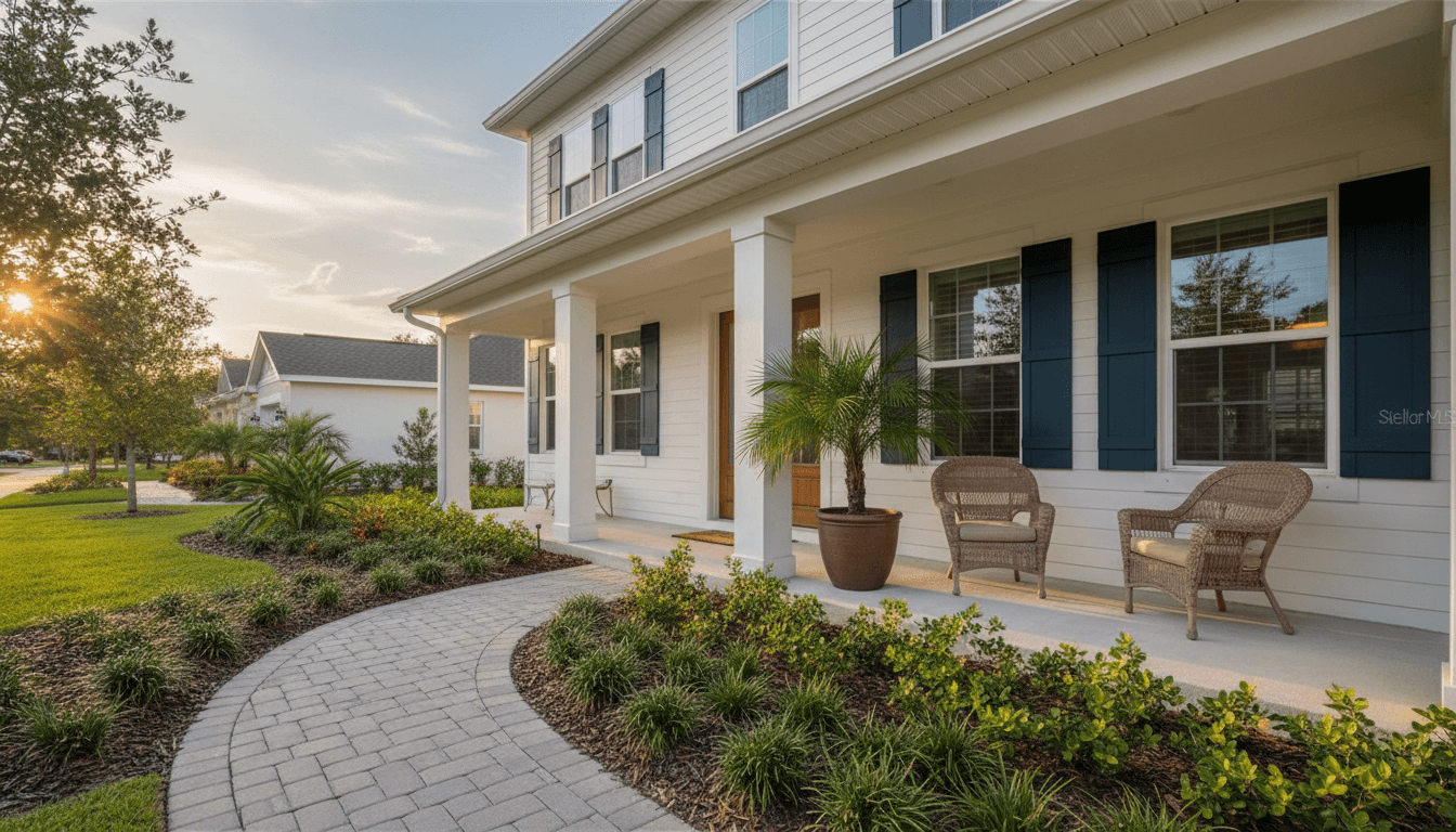 Welcoming Florida home exterior at golden hour with a tidy front porch