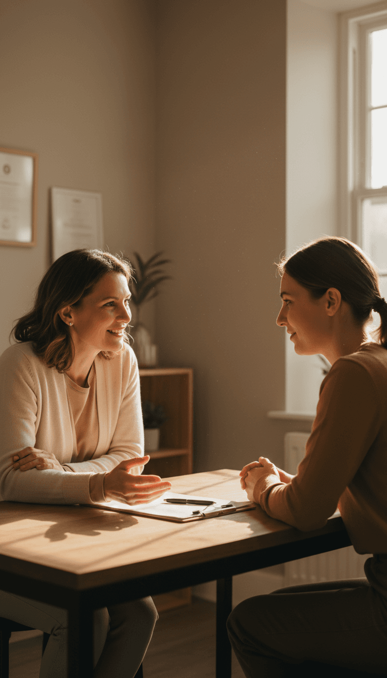 Supportive housing application conversation in a calm, sunlit room
