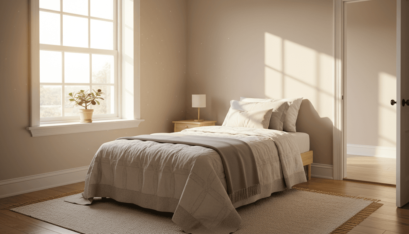 A tidy, sunlit room in a supportive residential home with a made bed and a plant on the windowsill