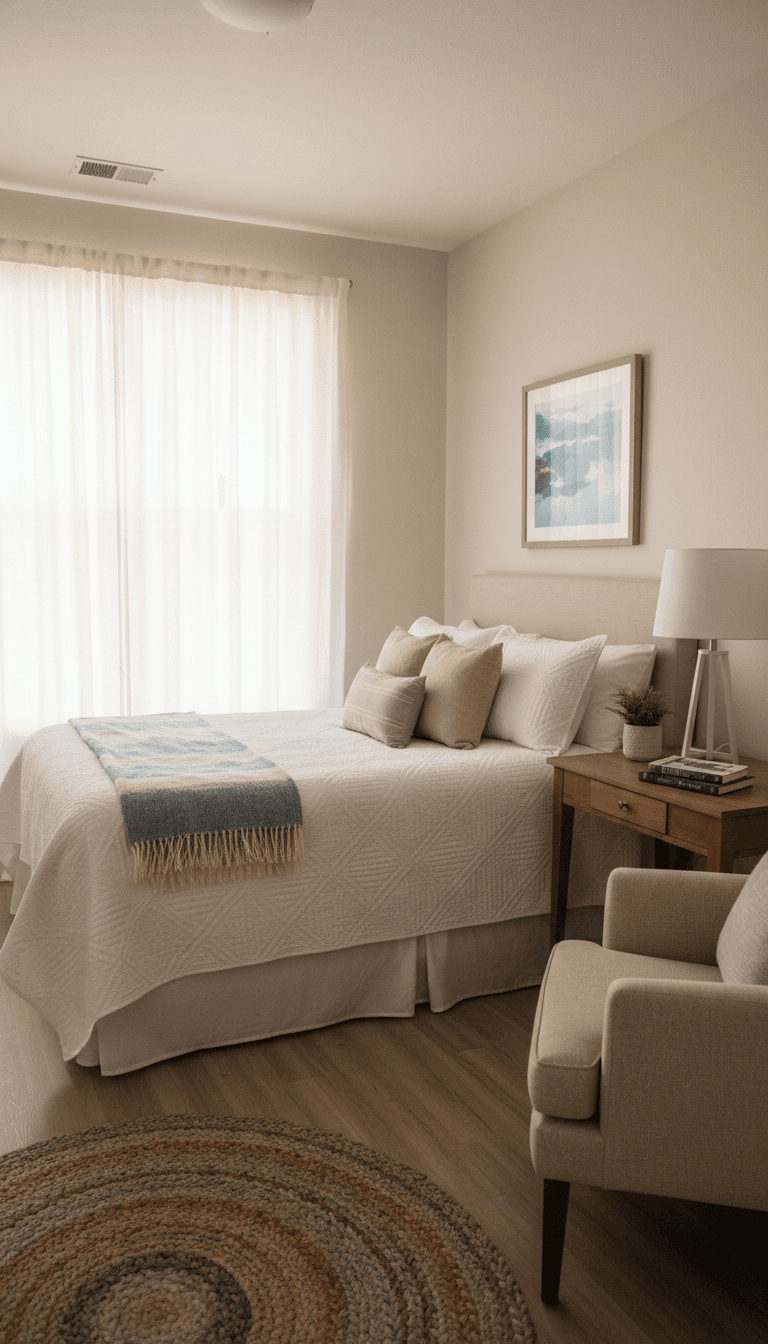 A bright private bedroom with a tidy bed and desk in a Florida transitional home