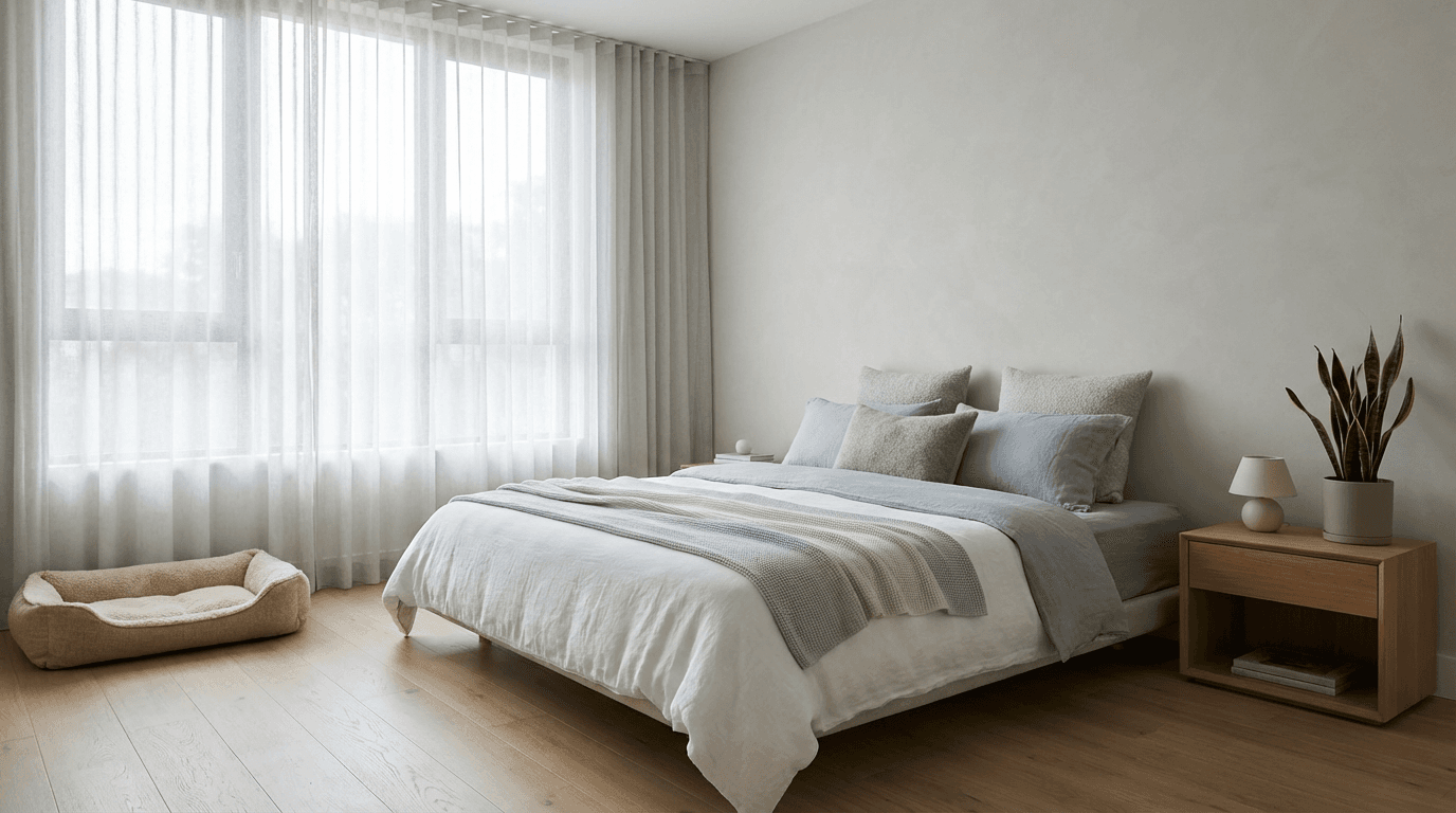 A simple, neat private bedroom with navy and white linens, a wooden nightstand, and a window with natural light