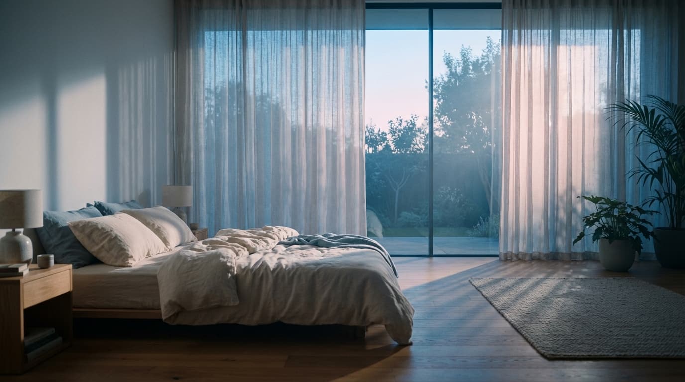 A clean, modest bedroom with natural light and a neatly made bed