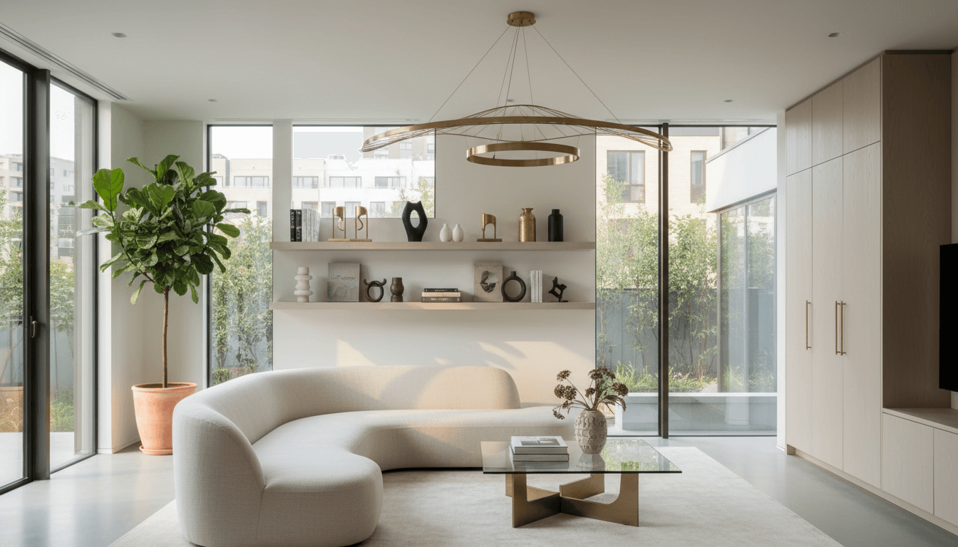 Inviting living room with cream sofa, navy armchair, warm oak floors, gold-framed art, and afternoon light through tall windows, sophisticated home magazine photography