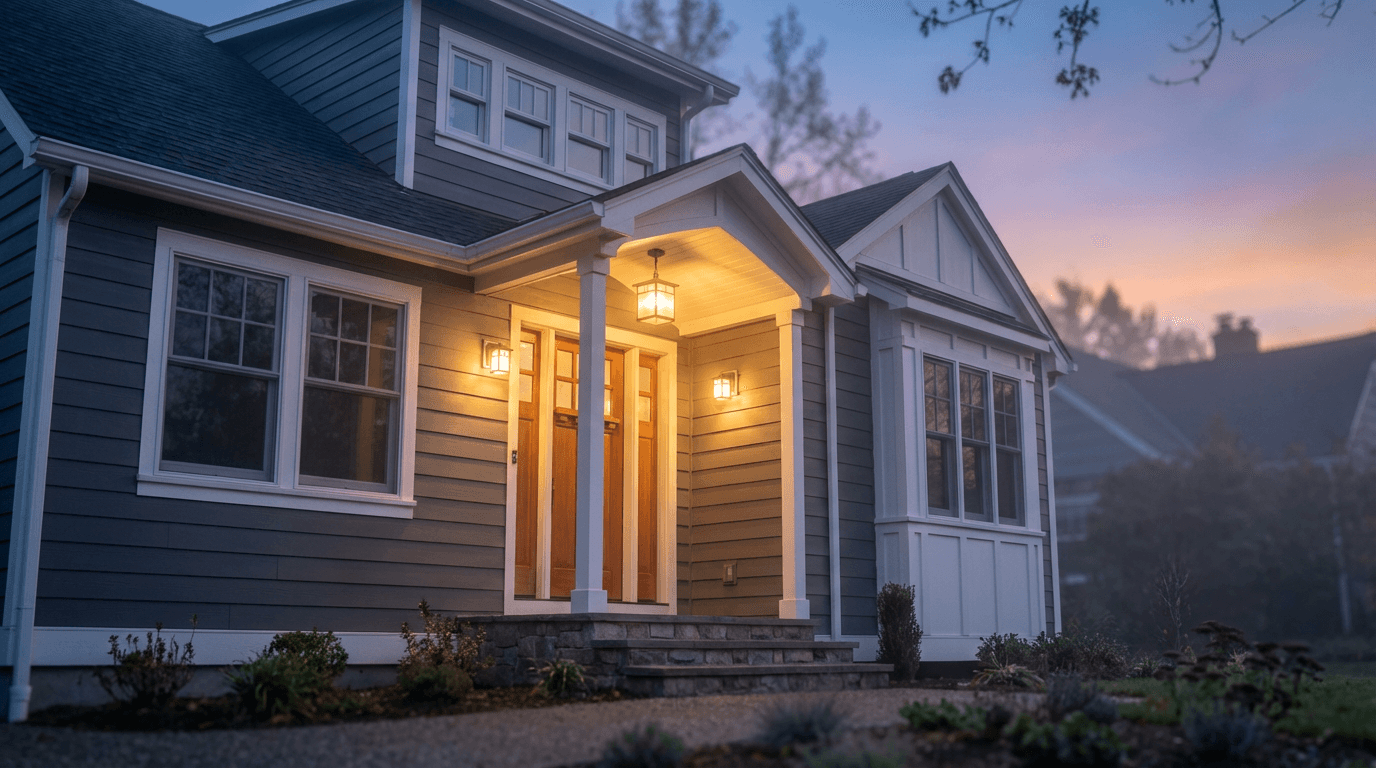 Warm dusk photograph of a well-kept Florida craftsman home with a deep navy porch, champagne gold porch lights, white trim, and a tidy garden walkway, editorial real-estate style