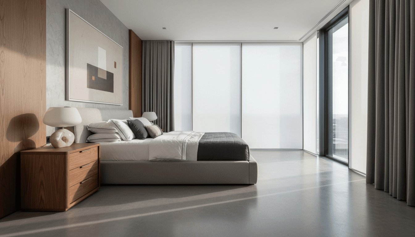Sunlit bedroom with a neatly made linen bed, oak nightstand, champagne gold lamp, navy throw pillow, and sheer curtains over a garden window, calm residential interior photography